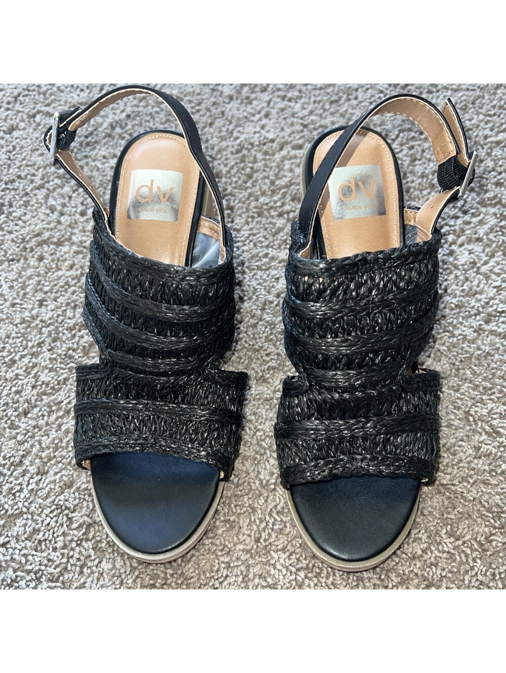 DV Dolce Vita Black Woven Rian Sandal W Stacked Wood 4” Heel MSRP $70 Size 7.5